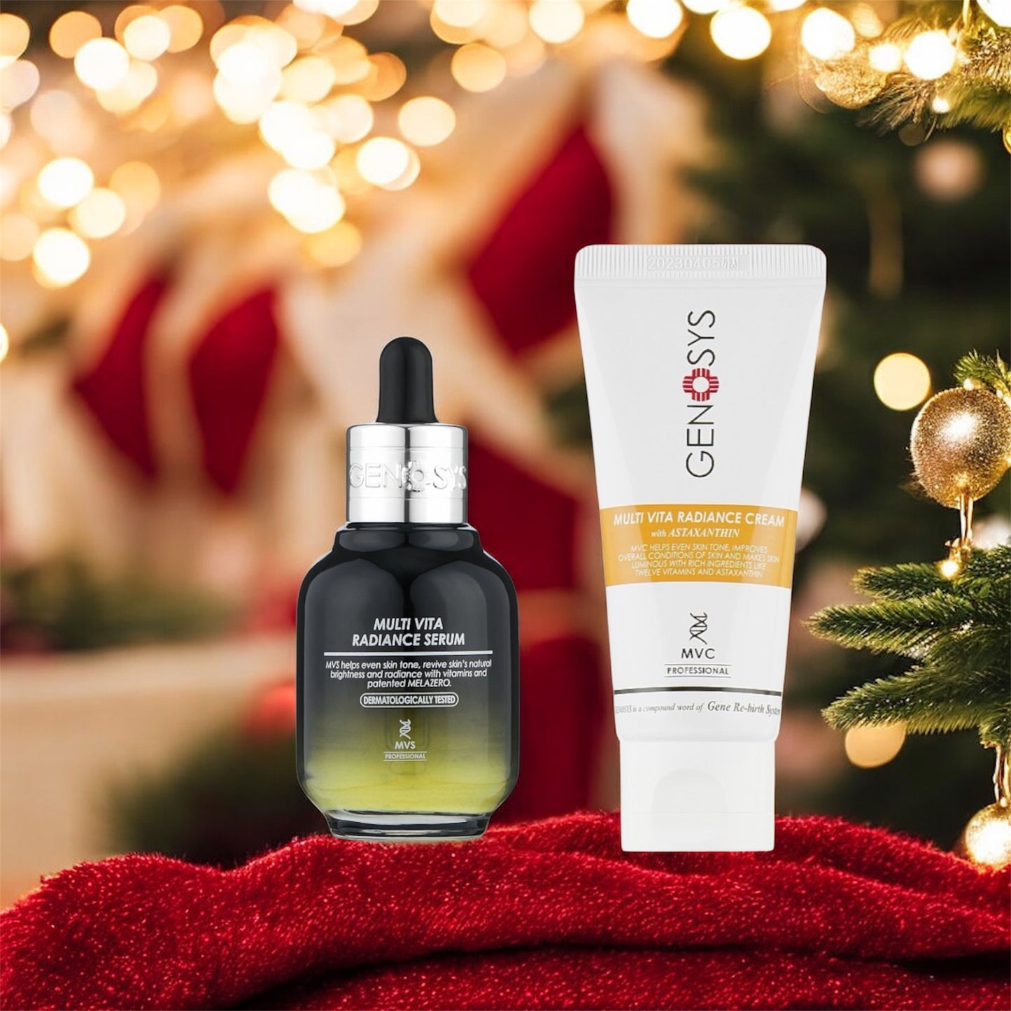 GENOSYS Multi Vita Radiance Set με serum και κρέμα λάμψης σε χριστουγεννιάτικο φόντο