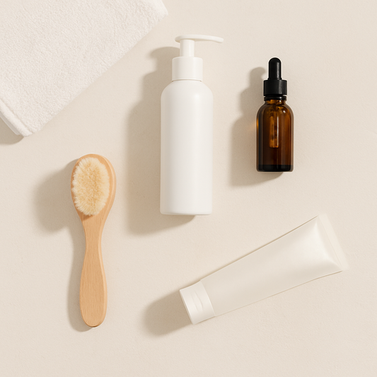 Skincare flat lay σε μπεζ φόντο με καθαριστικό, serum, κρέμα και βούρτσα προσώπου – minimal αισθητική περιποίησης δέρματος