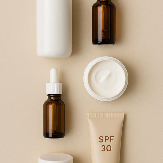 Minimal flat lay με καθαριστικό, serum, ενυδατική κρέμα και αντηλιακό SPF σε μπεζ φόντο – βασικά προϊόντα για απλή ρουτίνα περιποίησης δέρματος