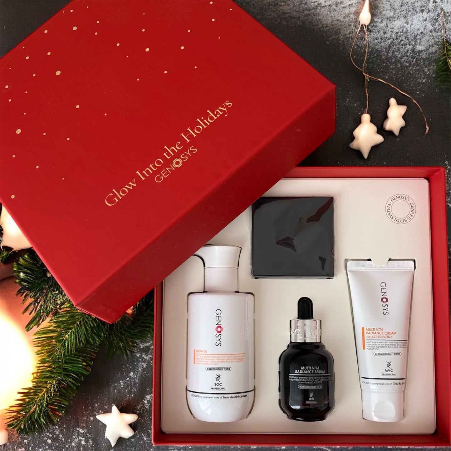 Genosys Christmas Glow Gift Set limited edition σετ περιποίησης προσώπου με cleanser, serum, κρέμα και καθρέφτη
