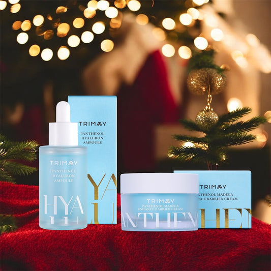 Trimay Hydration & Barrier Repair Set – Hyaluron Ampoule & Madeca Cream σε χριστουγεννιάτικο φόντο