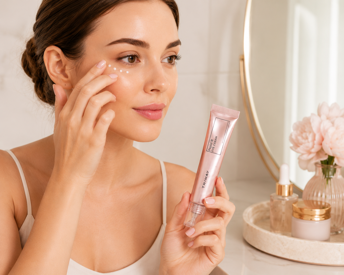 Γυναίκα που εφαρμόζει την TRIMAY Peptid 18 Eye Cream για ενυδάτωση και αντιγήρανση στην περιοχή των ματιών
