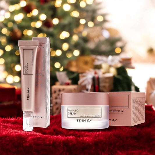 Σετ TRIMAY Peptid Eye & Face Duo – Αντιγηραντικό δώρο με κρέμα ματιών και κρέμα προσώπου σε χριστουγεννιάτικο φόντο